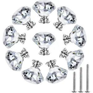 Cabinet Knobs - Crystal Dresser Knobs for Cabinets and Drawers 30mm- Diamond Glass Pulls Handles 10 Pack Silver