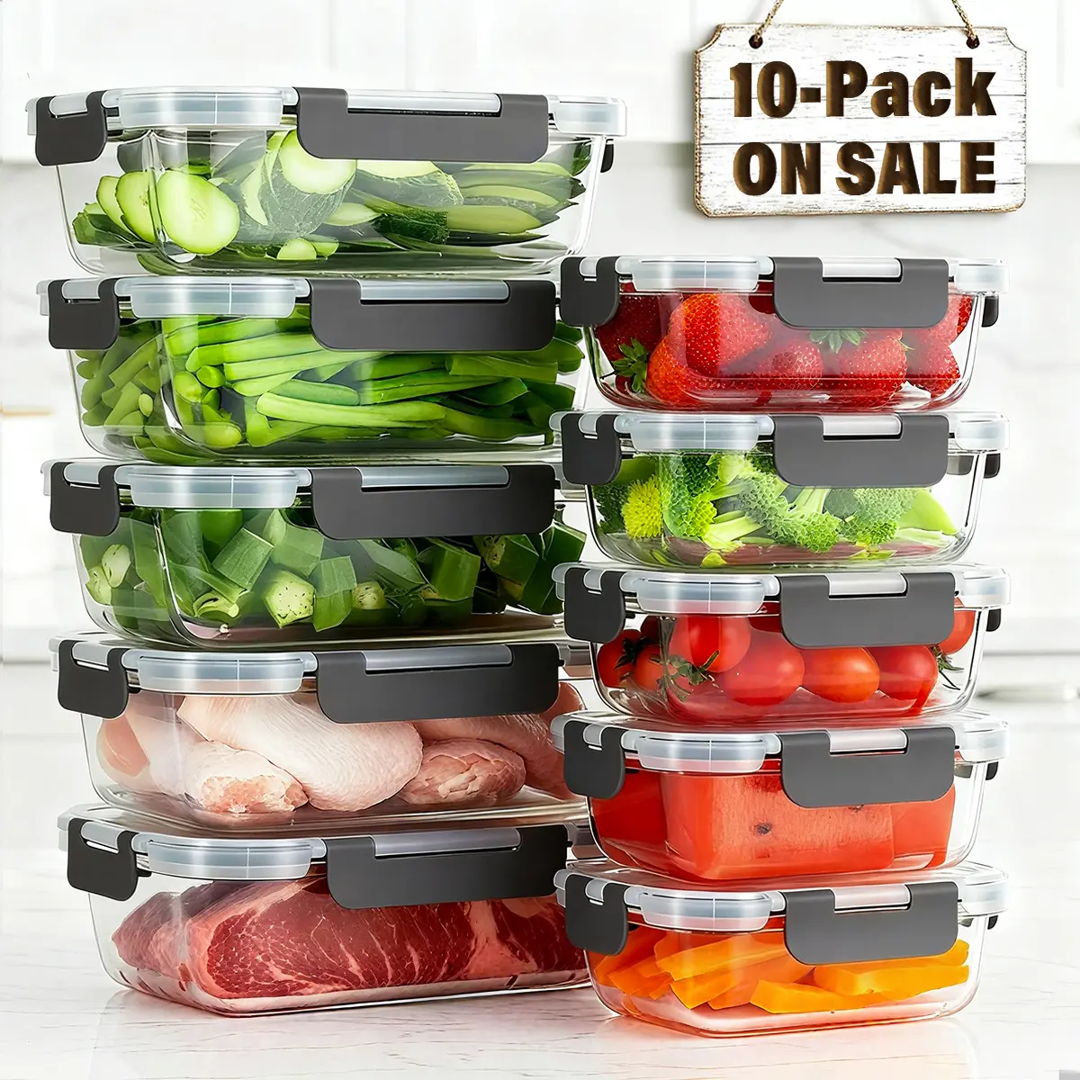 10 Pack Glass Meal Prep Containers with Lids, Reusable Glass Food Storage Containers with Lids, Leak Proof, Microwave, Oven, Freezer and Dishwasher Safe, Bpa-free Lid Glass Kitchenwave Lunch Box Utensils