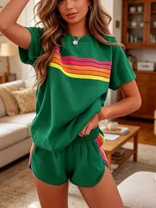 Two-piece women's fashion casual sportswear set, loose and slim-fit with rainbow striped design, perfect for summer, vacations, indoor, and outdoor wear