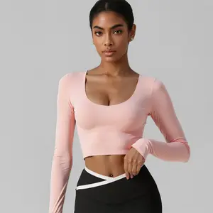 2025 Women's Cross Back Long Sleeve Yoga Top Braless, Slimming & Versatile for Fitness high quality long sleeve back yoga high waist clothes round neck crop long sleeve workout tops for athletic women polyester fiber cross strap braless yoga top