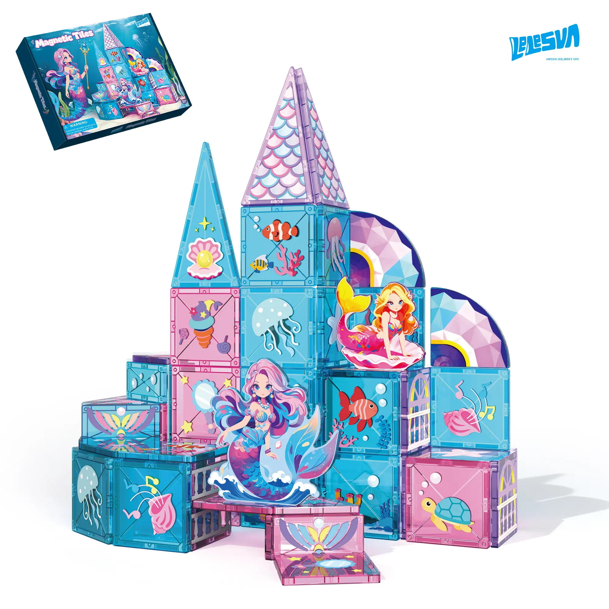 LELESUN Unisex Mermaid Magnetic Tiles Set - 51PCS STEM Building Toy with Strong Magnets, Creative Open-Ended Play Kit, Kids Favorites, Gift Ideas for Kids Ages 3+