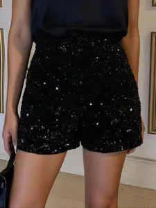 Women's Fashion Commuter Sequin Casual Shorts, Daily Versatile All-Season Shorts, Slim-Fitting Plain Style, Perfect for Any Occasion, Everyday Bottoms, Womenswear