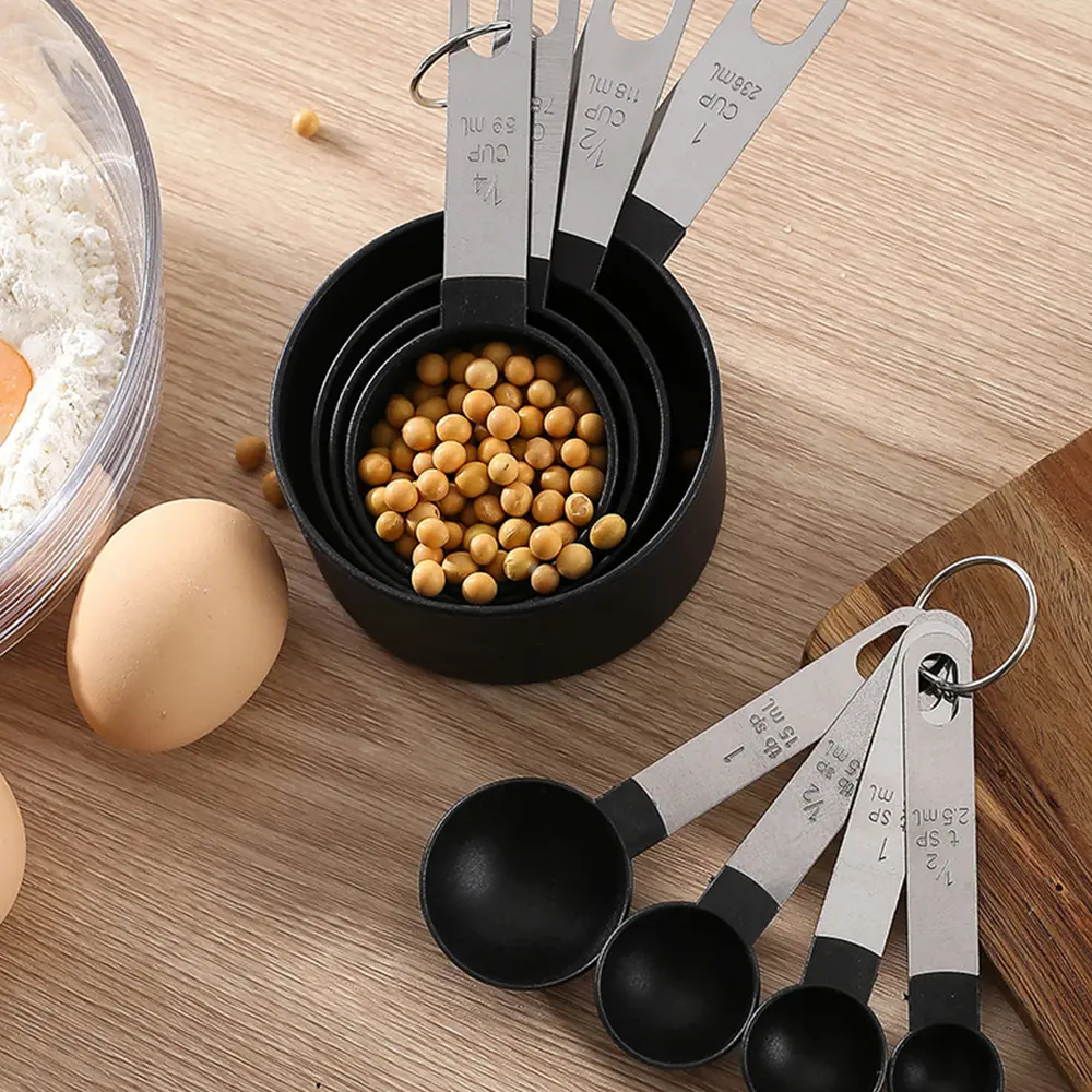 Matte Black 8-Piece Stackable Sturdy Durable Stainless Steel Measuring Cups and Spoons Set - Detachable Handle, Nested Utensils for Dry/Liquid Ingredients, Hanging Kitchen Cooking Coffee Tools, Accurate Metric+US Measurements (0-500 ml, 1 cup, 1 tbsp), Ki
