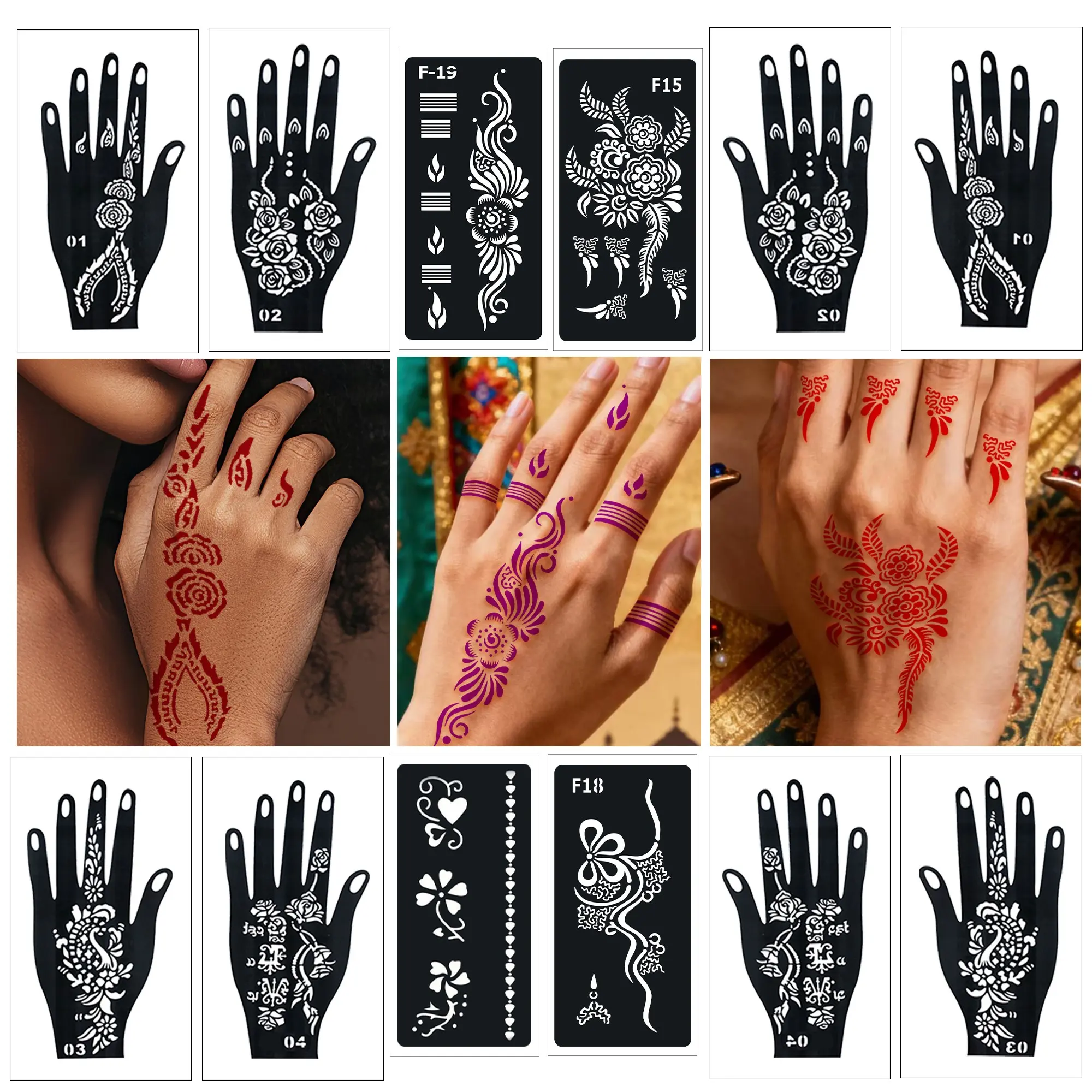 12 Reusable Tattoo Templates for DIY Body Art & Makeup Enthusiasts, Patch, Shiny Mehndi Henna Designs, Complex Floral Patterns, Easy-To-Use Templates