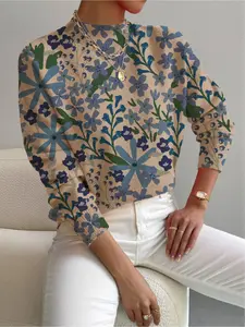 1 piece, Spring, Autumn styles, Small stand-up collar, Long Sleeve, color-blocked blue floral all-over printed women's knitted printed sweater, Ideal for holidays, casual and elegant office wear, women's versatile sweater, Knitwear, Womenswear