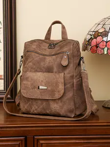 Women's New High-End Simple College Student Backpack, Lightweight Casual Large Capacity Travel Bag, Vintage Soft Leather Multi-Purpose Shoulder Bag, Zipper Backpack, Casual Printed Backpack