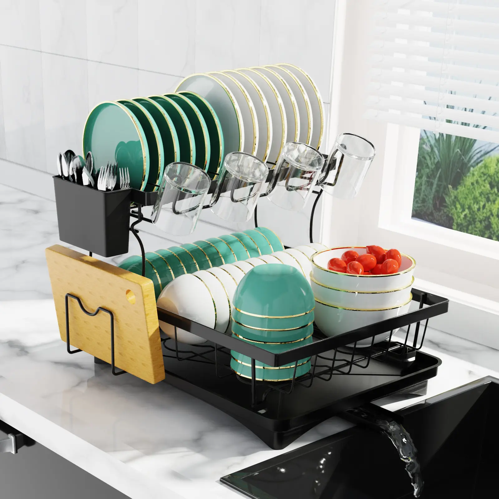 2-Tier Carbon Steel Anti-Rust Dish Drying Rack for Kitchen Counter with Detachable Large Capacity Organizer, Utensil Holder, Drain Board & Easy Installation, Black Kitchen Utensils Storage Solution