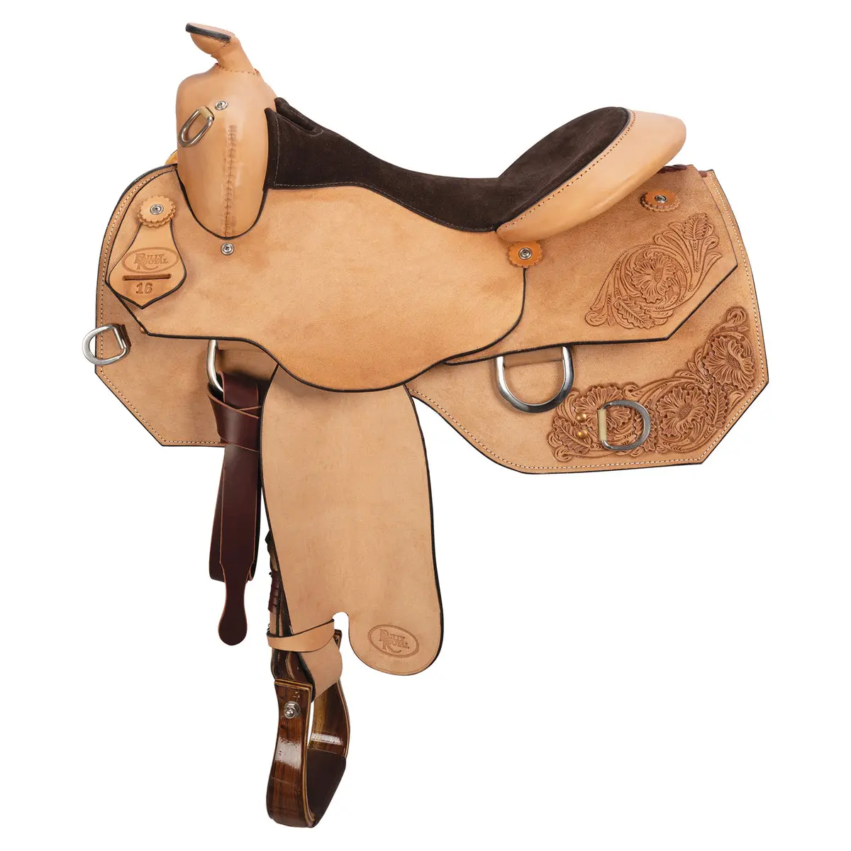 Classic Roughout Leather Work Saddle with Hand-Tooled Detail - Lightweight Design, Balanced Fit, and Hand-Padded Seat for Riders, Work Riding, Easy Stirrup Adjustments, Easy-Change Fenders, Even Pressure Distribution, Close-Contact Cut