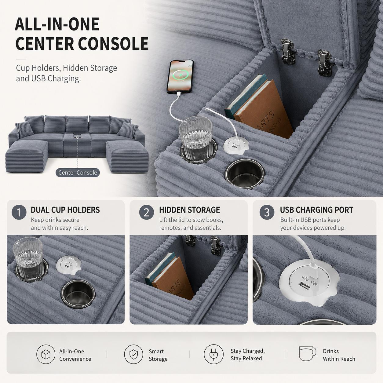 127-Inch Curved Corduroy Modular Cloud Sectional Boneless Couch (Compressed), 3-Package Shipping, No Assembly, Black Living Room Multiple-Seat Sofa with Cup Holders, USB Ports & 2 Free Ottomans, Boneless Couches, Sectional Couch