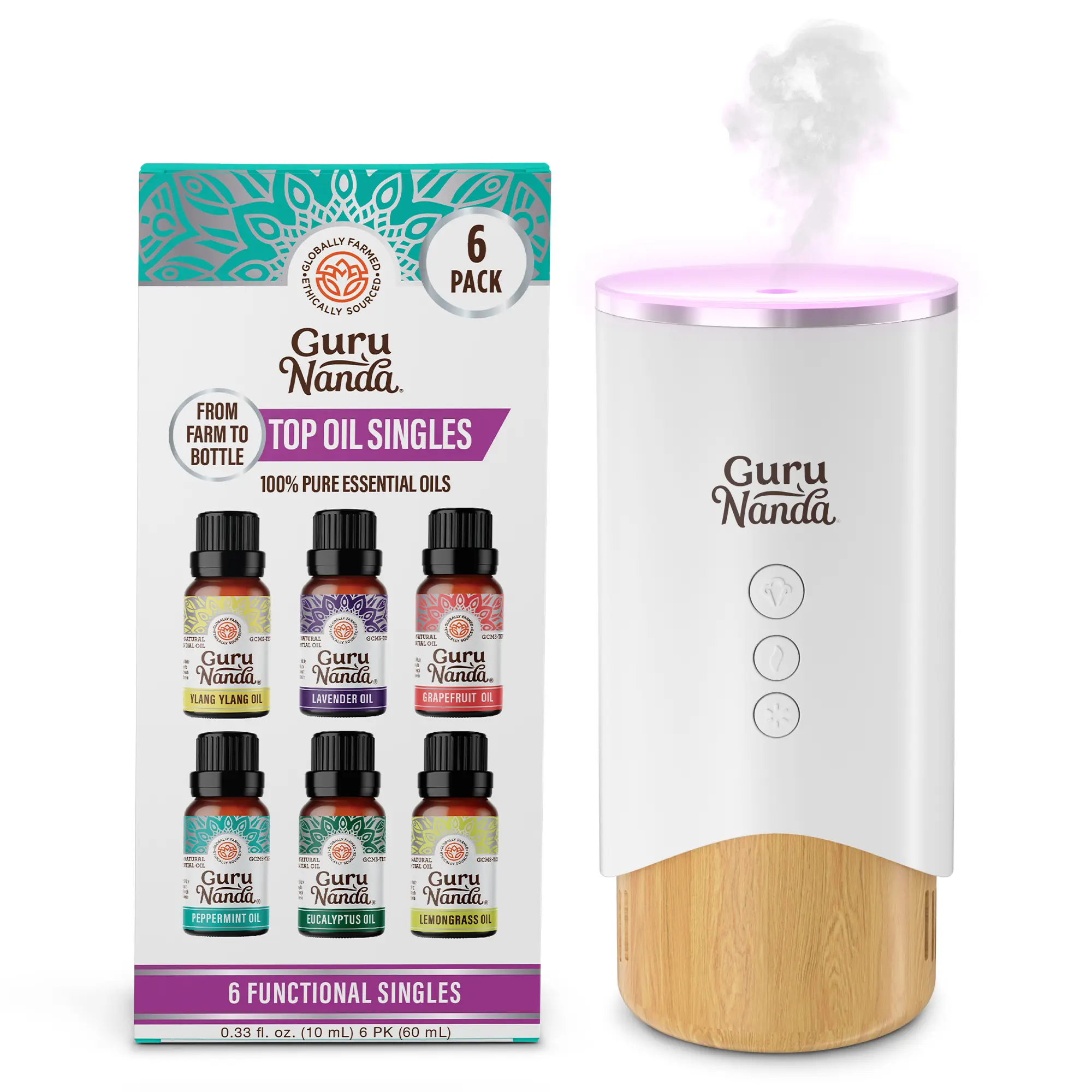 GuruNanda Calm Aura Aromatherapy Diffuser with 6 Pack Essential Oil Single Notes Set GuruNanda Calm Aura Aromatherapy Diffuser with 6 Pack Essential Oil Single Notes Set