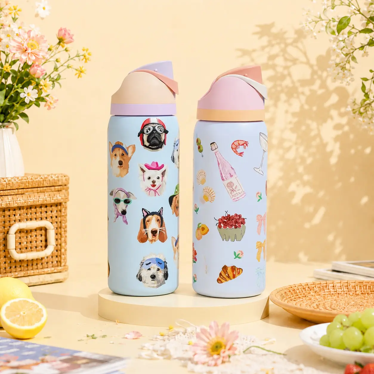 0wala Insulated Stainless Steel Water Bottle with Straw for Sports and Travel, Leak Proof, BPA-Free, 32oz Picnic Prep,Dog Collage