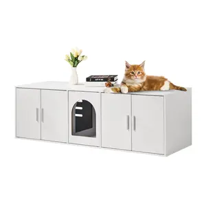 VEVOR Cat Litter Box Enclosure for 2 Cats,  Litter Box Furniture Hidden with Double Rooms, Wooden Cat Box Cabinet Fit Most of Litter Box, 57.9"L x 18.3"W  x 17.9"H, White