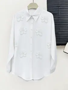 ASANDY Luxury 3D Floral Embellished Blouse - Oversized White Button-Down Shirt | Elegant Party & Office Outfit