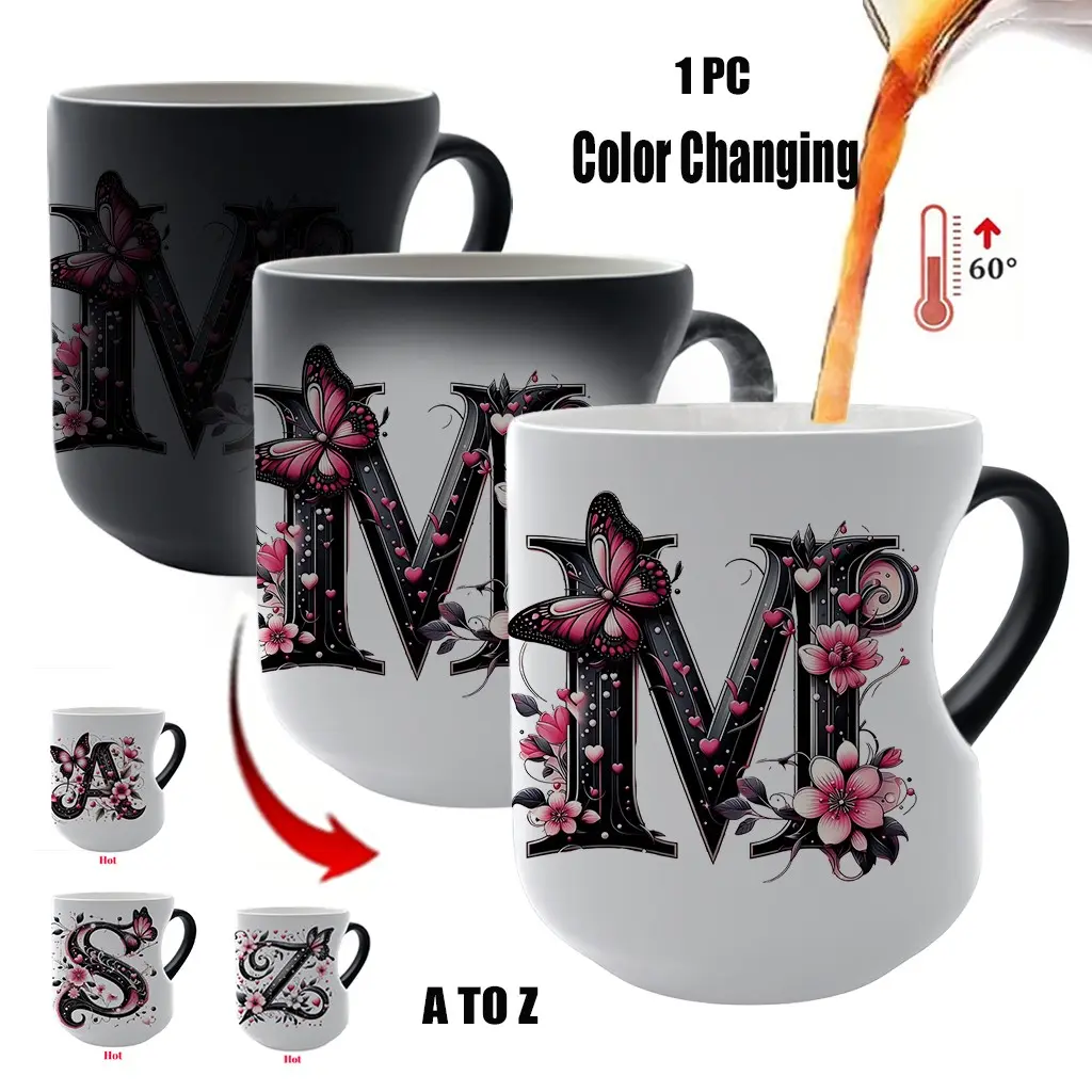 Butterfly Initials Heat Sensitive Magic Mug, Funny Mom Mug, Valentines Mug, Color Changing Heart Design, Coffee Drink Cup, Ceramic Printed Drinkware, Ceramic Mugs, Ceramic Cup, Personalized Gift for Valentine's Day Mothers Day