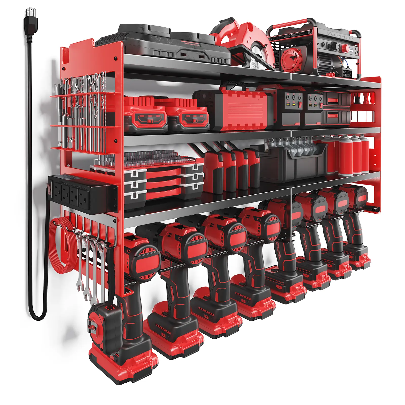 Heavy Duty Metal 3-Tier Wall Mount Power Tool Organizer Rack - Built-in 4-Outlet Power Strip, Hooks, Bit Slots, Drill Holder Storage Shelf for Garage, Workshop