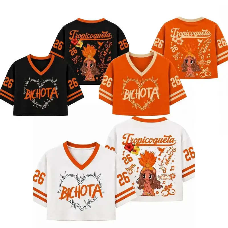 Women's Latina Style V-Neck Crop Top Jersey Short Sleeve Summer Graphic Tee Concert Festival Streetwear Top