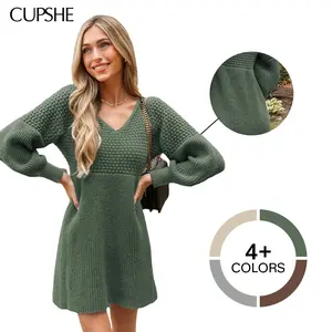 CUPSHE Honeycomb Textured Knit Mini Dress | Elegant V-Neck Long Sleeve Sweater Dress | Soft Girl Aesthetic Early Autumn Pullover Dress for Date Night
