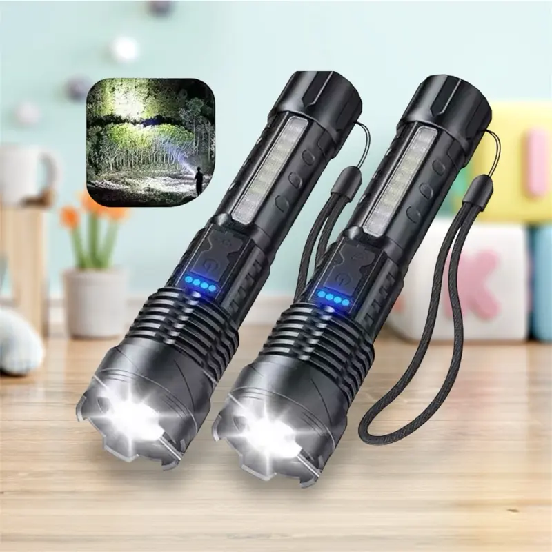 USB Rechargeable LED Flashlights with Red/Blue Side Light - 7 Modes - High Powered Handheld Torch - IPX4 Waterproof