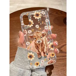 1pc Sunflower & Cow Pattern Transparent Anti-Drop Shock-Absorbing TPU Phone Cases, Suitable For Iphone 15/14/13/12/11/7/8/16/17/Air/17Pro/17ProMax And Other Models, Great Gift For Friends. Anti-Yellow Material: Long-lasting print that won't fade.