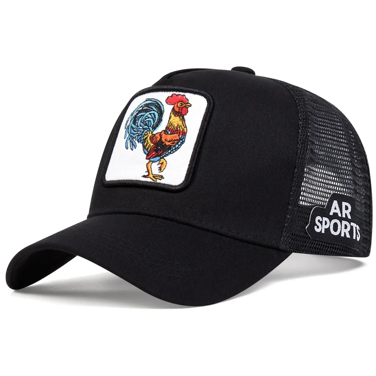 Rooster Patch Embroidered Mesh Trucker Hat, Cartoon Animal Curved Brim Baseball Cap, Breathable Outdoor Sun Hat for Men Women