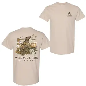 Men's Wild Southern Duck Hunting Cotton T-Shirt, Short-Sleeve Round Neck Fitted 2-Sided Graphic Tee, Hunting Dog Themed Casual Everyday Wear - KitchenEra