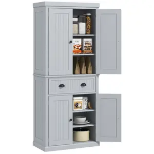 72" Traditional Kitchen Pantry Cabinet – Gray, Freestanding Tall Storage with 4 Doors, Drawer & 3 Adjustable Shelves, Beadboard Panels, Antique Accents, 143 lbs