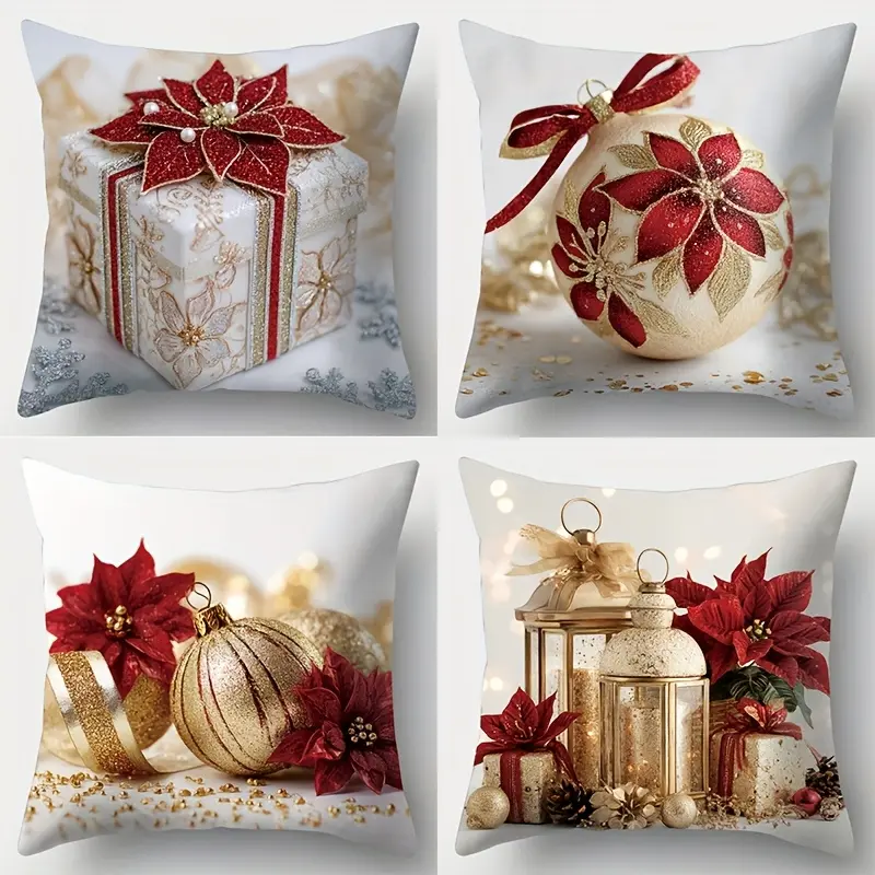 4pcs-Christmas Throw Pillow Covers, Red and Golden Vibrant Seasonal Christmas decor pillow cover, Suitable for Home Sofa and Bed Decor, Single-sided Printing, Without Pillow Core, Festive Theme