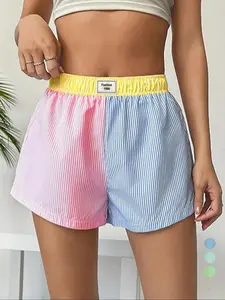 Women's Patchwork & Striped Print Elastic Waist Fitted Shorts, Casual Letter Patched Shorts, Women's Bottoms for Daily Wear, Elastic Waistband Shorts