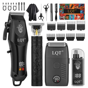 LQT 4-Piece Professional Cordless Men's Grooming Kit - 2000mAh Rechargeable Hair Clipper, Detail Trimmer, Electric Shaver & Nose Hair Trimmer Set with LED Display, Multiple Guide Combs, Barber Grade for Home Haircuts, Fades & Beard Grooming