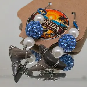 Florida Before Us Series Wire Wrapped Shark Tooth One of a Kind Handmade Earrings with Blue Sparkle Accents and Pearl Details