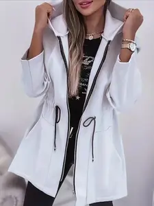 Women's Hooded Casual Jacket with Adjustable Drawstring Waist and Zipper, Loose Fit Open Front, Long Sleeve Plain Design, Fall & Winter Fashion Outerwear Basic Womenswear, Coats for Lady