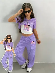 3-Piece Girls Fashion Set, Hooded Mesh Top + Strapless Tank Top + Sporty Pants, K-Pop Cartoon Print, Perfect for Outdoor Activities