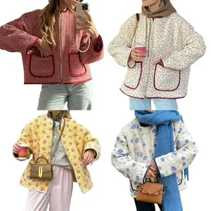 Women’s autumn aesthetic floral print stand-collar quilted padded jacket/coat with pockets — warm, chic, loose fit