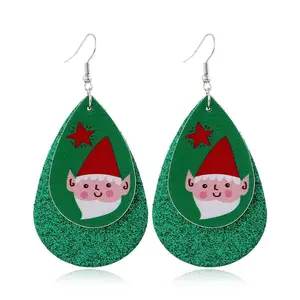 Christmas Elf Double Layer Leather Earrings Dangle Drop Earrings with Glitter