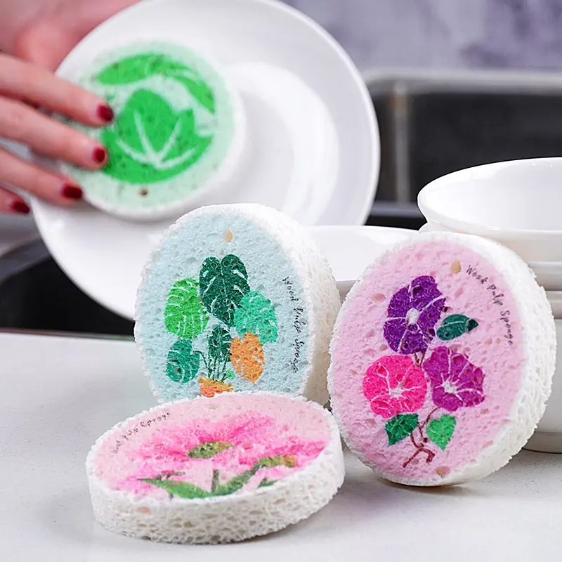 6-Piece Round Kitchen Cleaning Dish Sponge, Soft Wood-Based Eco-Friendly Cellulose Scrubber Pads, High-Absorbency Expandable Foam Floral, Cleaning Tools for Kitchen & Bathroom, Cute Kitchen Cleaning Supplies