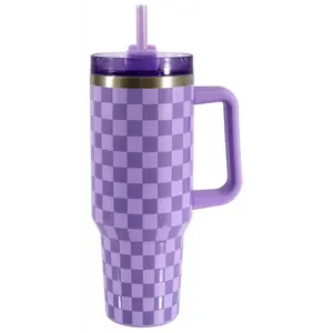 40 oz Purple Check Stainless Steel Tumbler with Straw and Handle, Double Wall Insulated