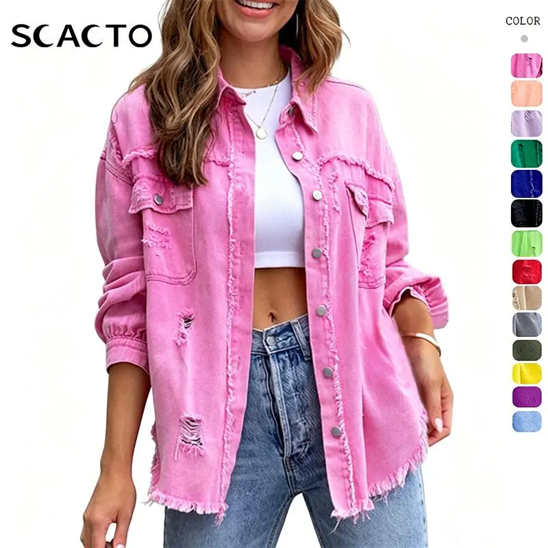 Scacto Women's Shacket, Oversized Alternative Style Cotton Blend Denim Jacket with Pockets & Raw Hem, Collared Button-Up Tops for Layering Outfits