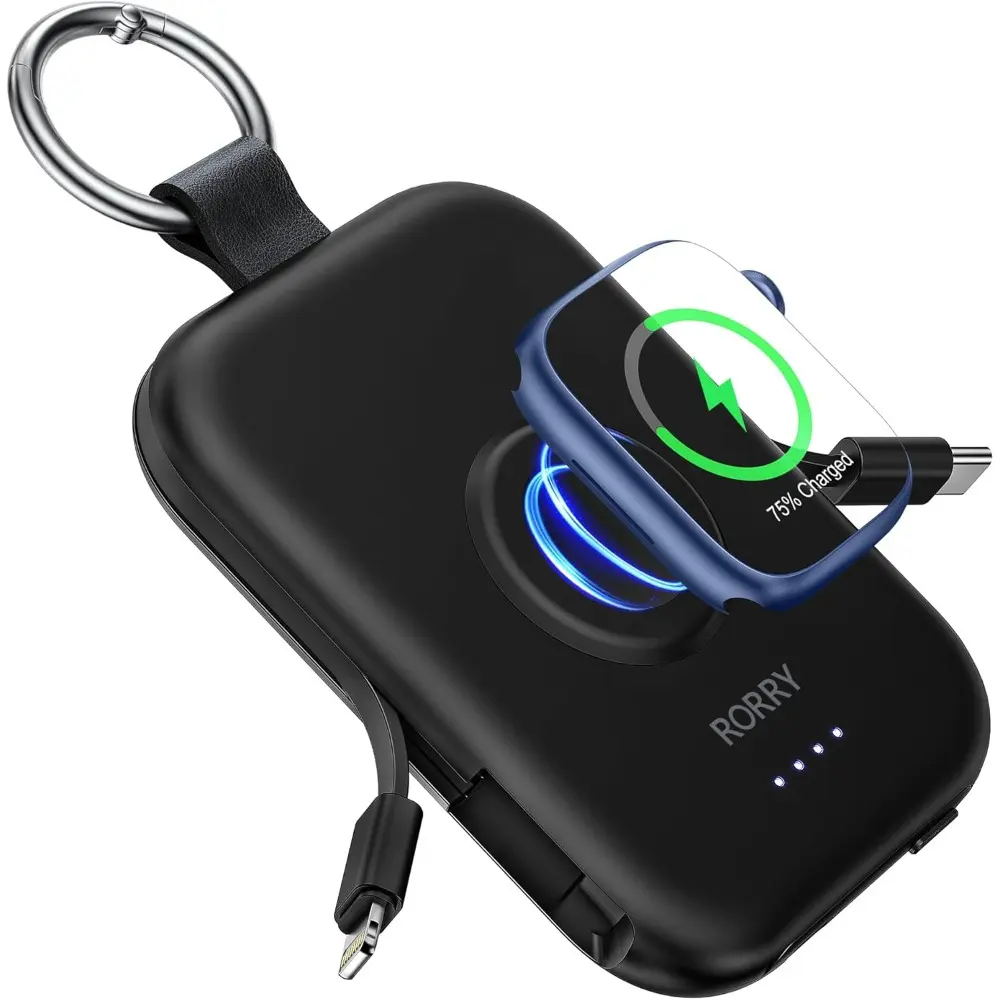 Portable Charger, 5000mAh Portable Charger Power Bank with Built-in Cables, Travel Keychain Battery Pack For Apple Watch Ultra,,10,9,8,7,6,SE, iPhone Air,17,16,15,14,13,12, Black