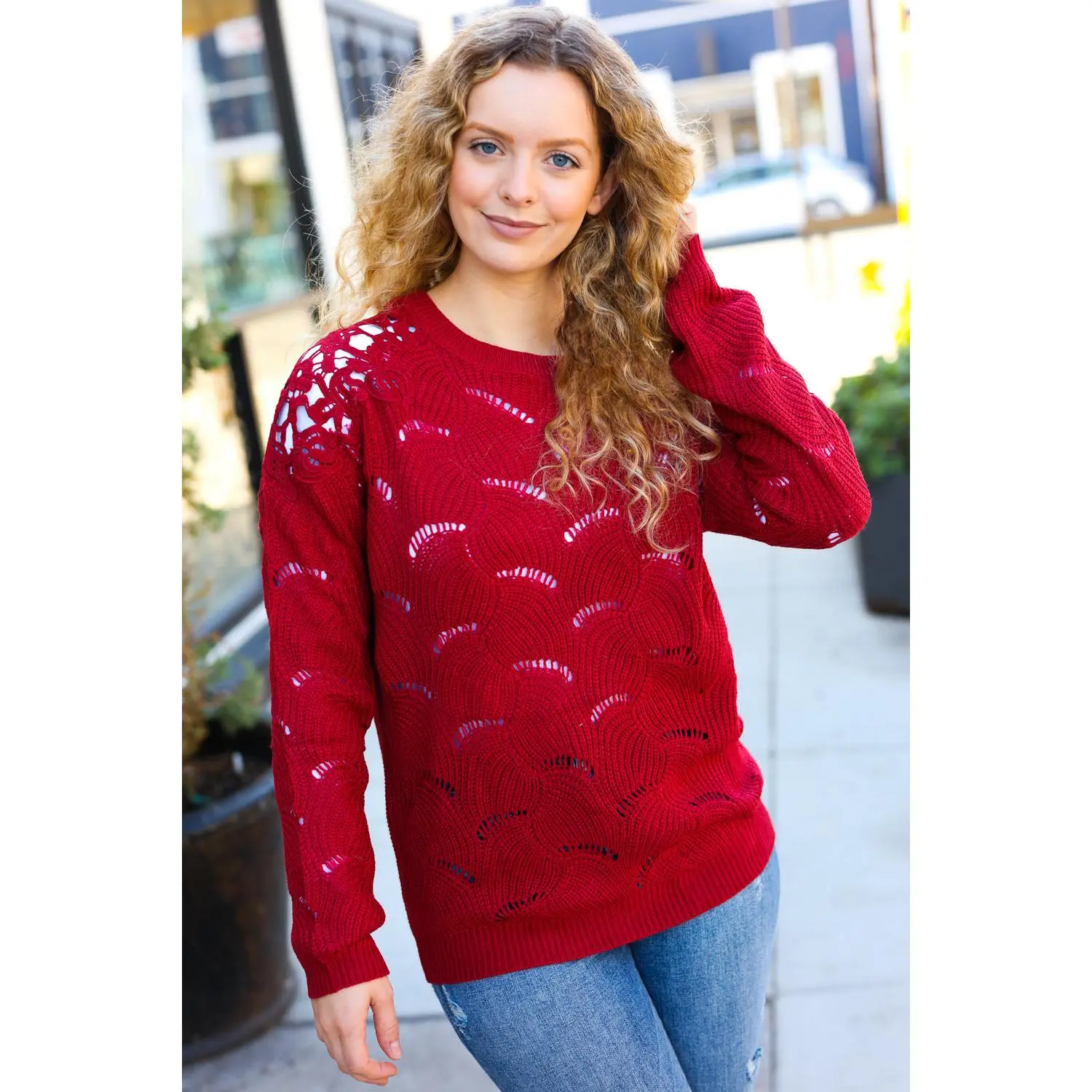 Feeling Fun Burgundy Pointelle Lace Shoulder Knit Sweater