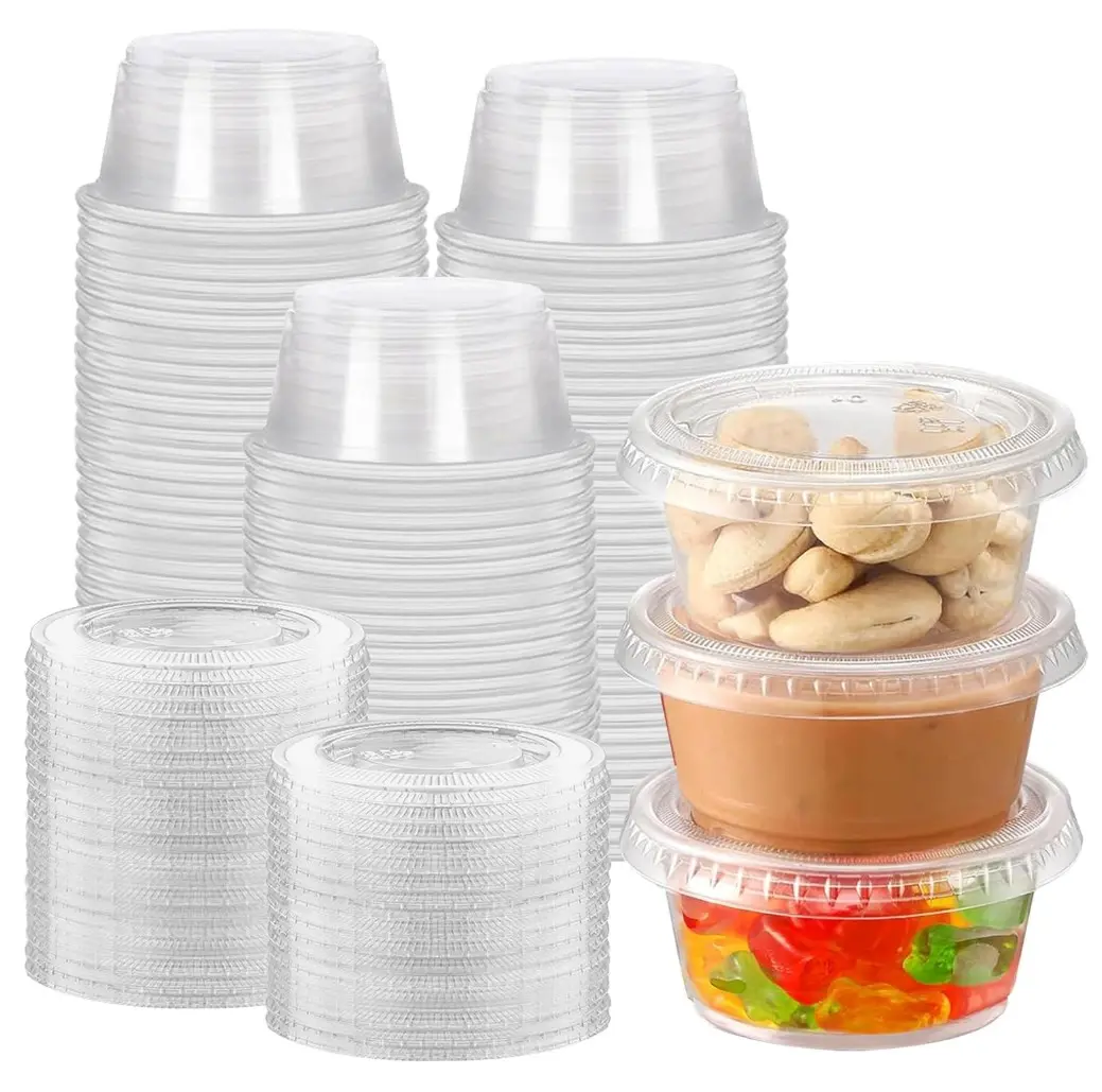100 sets - 2 oz Jello Shot Cups With Lids,Clear Disposable Plastic with Lids,Souffle Cups, Salad Dressing Container, Airtight and Stackable