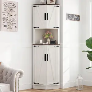 68" Tall Farmhouse Corner Cabinet, Dining Room Storage Cabinet with 4 Barn Doors and 5 Level Storage with Adjustable Shelves, for Kitchen, Living Room, Laundry Room