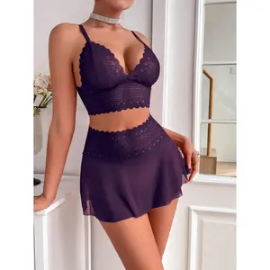 2pcs/Set Women Lace & Mesh Wireless Lingerie Set lace bodysuit
