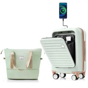 Carry on Luggage with Front Pocket, Hard Shell Luggage Suitcase with USB Port and Cup Holder, 20" Rolling Luggage with Expandable Travel Bag (Green, Carry On 20 Inch)