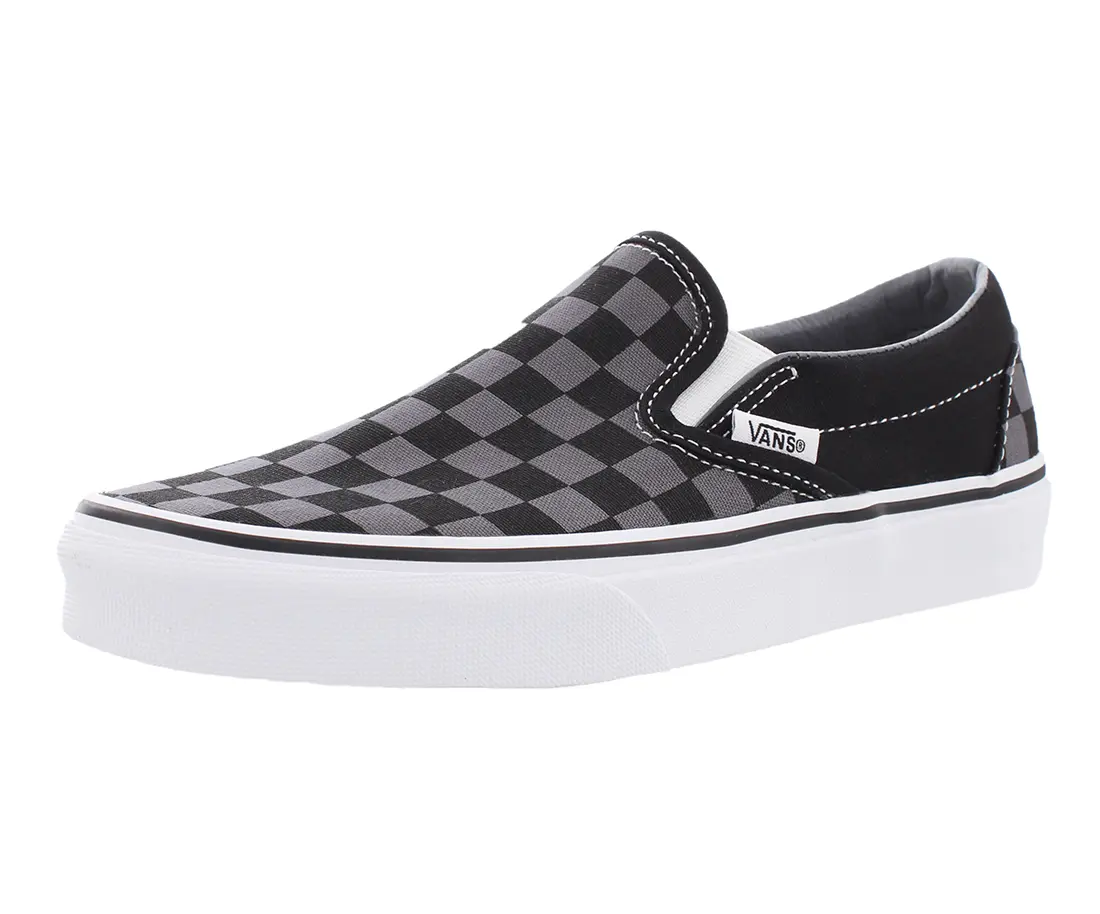 Women's Vans Classic Slip-On Laceless Unisex Shoes - Round Toe, Checked, Casual Footwear, Black/Pewter Checkerboard, Easy On