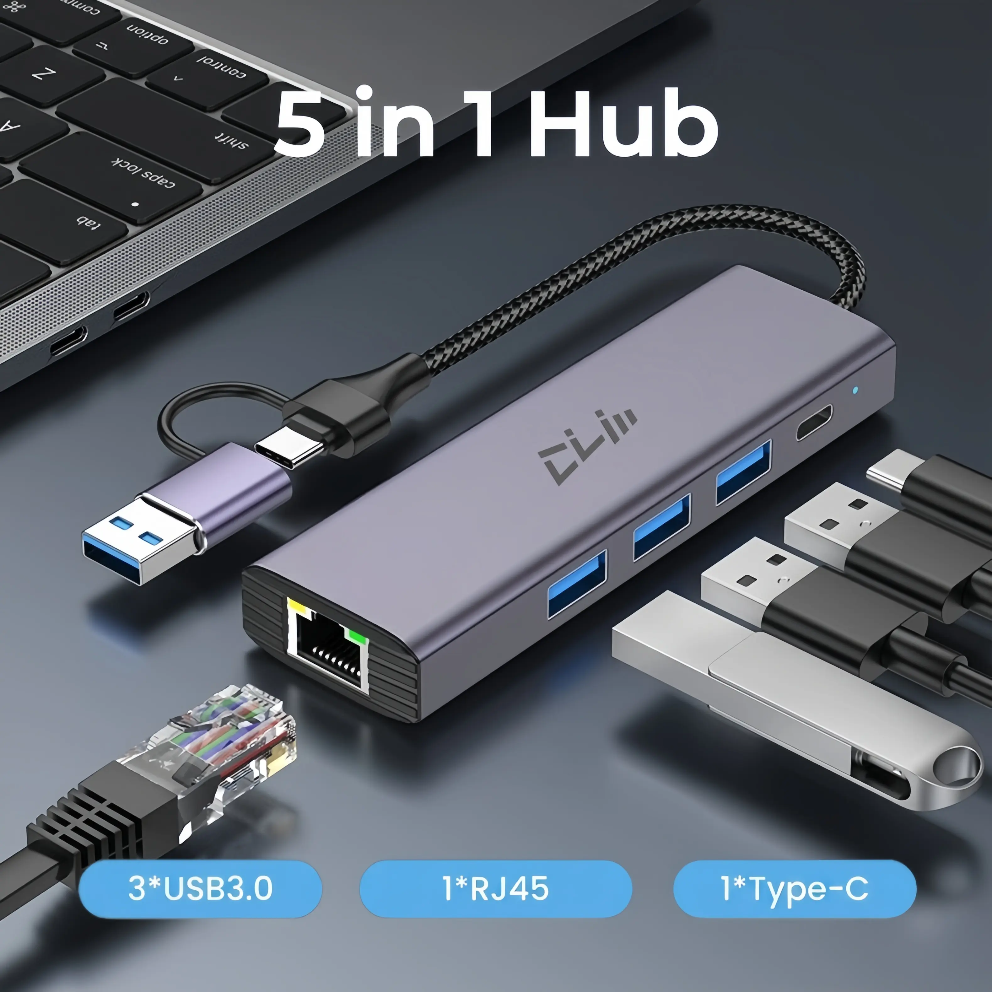5 in 1 USB C & USB A Hub with Gigabit Ethernet, 3 USB 3.0 Ports, Type C Adapter, Aluminum Multiport Docking Station for Laptop, MacBook, Windows PC