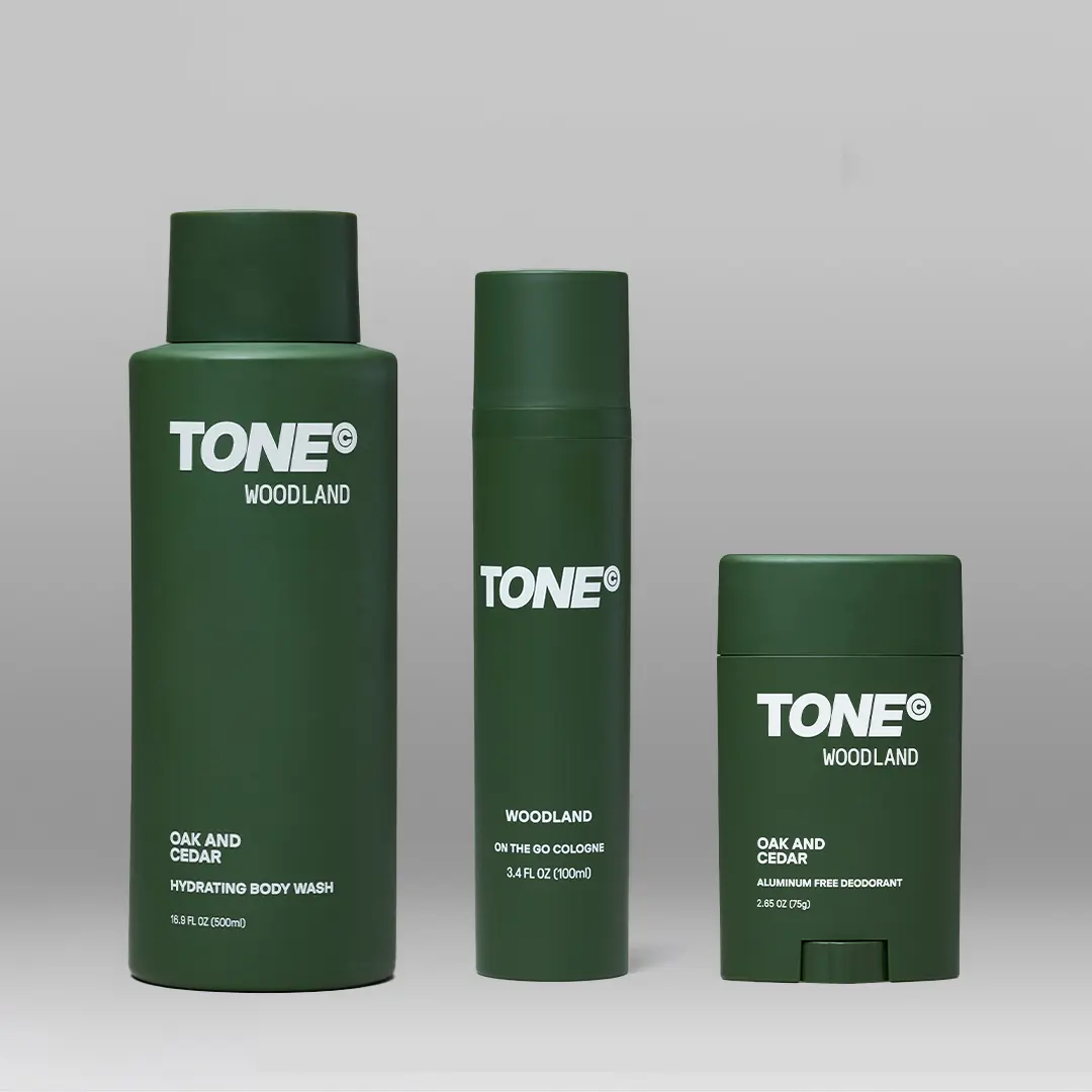 TONE Woodland Scent Essentials Collection Body Care Set - Hydrating Body Cleanser, On-The-Go Scented Cologne, Aluminum-Free Aroma Deodorant, Body Mist, Cleansing