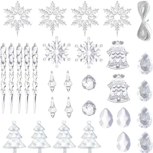 Christmas Decoration Set, 1 Set Shiny Clear Snowflake & Ice Pillar & Drop Shaped Ornament, DIY Festive Decorations for Home Party Tree