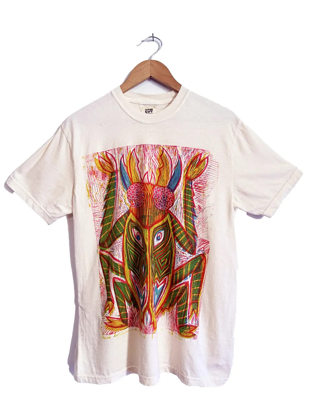 Men's Casual Short-Sleeve Cotton T-Shirt - Ivory Tribal Beetle Woodblock Hand-Printed Graphics, Streetwear Personalized Menswear Top