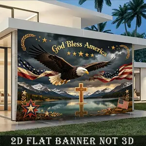 2D Flat Polyester Photography Backdrop Banner - HD Printed, Soft, Lightweight, Foldable Patriotic Decor with American Eagle, Stars and Stripes, "God Bless America" Text for 4th of July Party, National Holidays