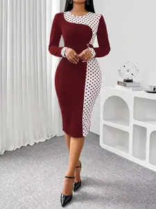 Elegant Style Chic Polka Dot Print Dress, Round Neck Button Long Sleeve Bodycon Dress, Spring Autumn Fashion Hrs042-Jiuhong